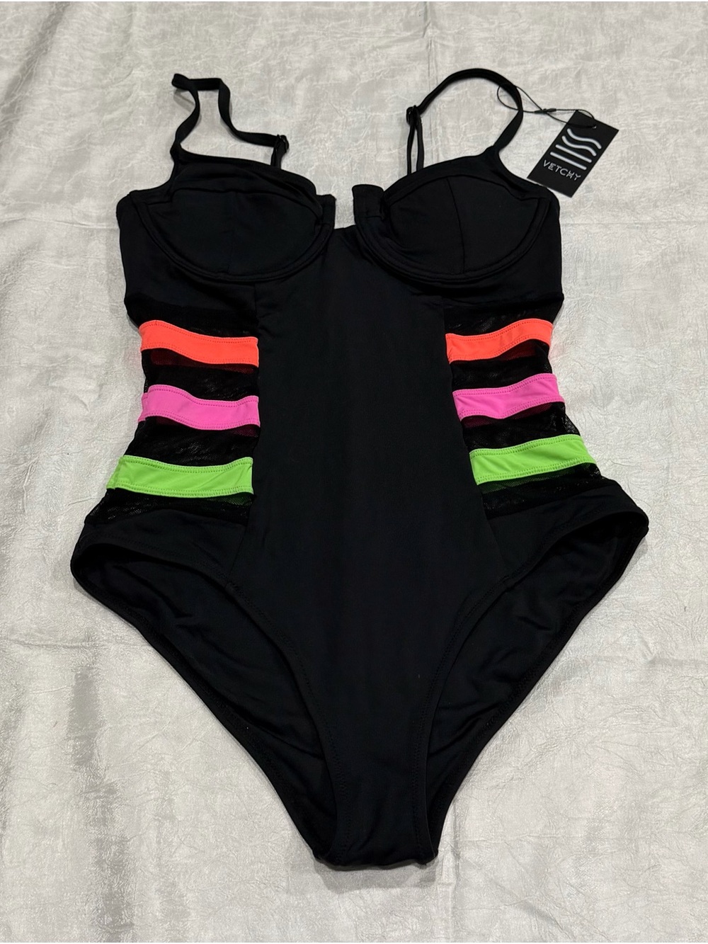 Vetchy Underwire One Piece Swimsuit Black Neon Mesh Cutout Bathing Suit Size S